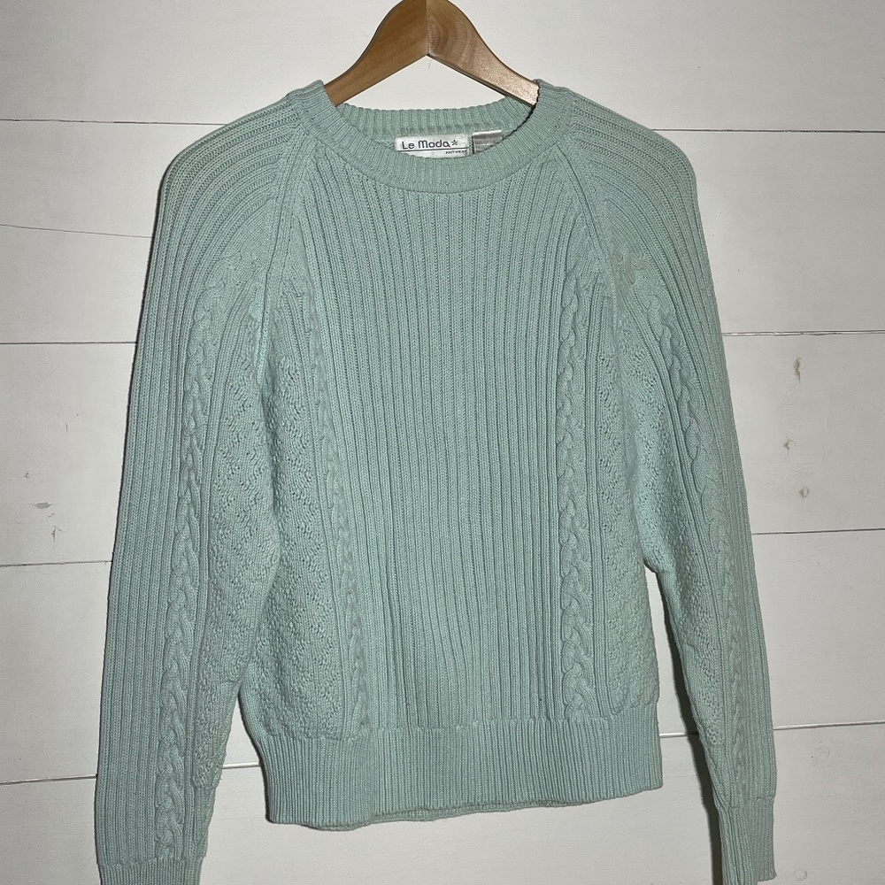 VINTAGE SPRING Cotton Cable knit Baby Blue Sweater: La Moda Size Small